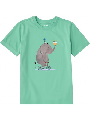 Colermi Pamuk Kumaş Çocuk Tişörtü – Bisikletli Fil ve Pasta Baskılı T-Shirt