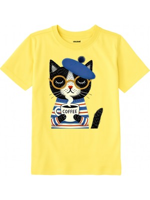 Colermi Pamuk Kumaş Çocuk Tişörtü – Bereli Kahve Tutan Kedi Baskılı