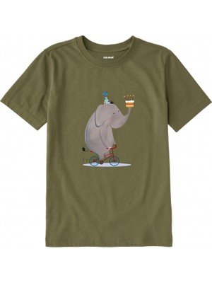 Colermi Pamuk Kumaş Çocuk Tişörtü – Bisikletli Fil ve Pasta Baskılı T-Shirt