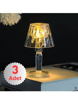 Feyza Design 3'lü Kristal Elmas LED Masa Lambası, Mini Pilli Projeksiyon, Şeffaf Abajur