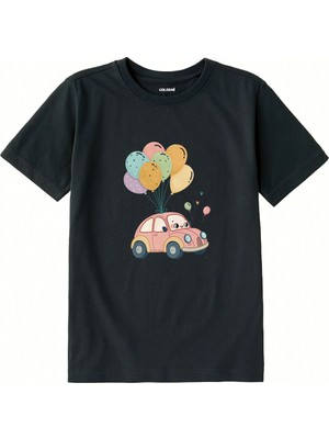 Colermi Pamuk Kumaş Çocuk Tişörtü – Balonlu Sevimli Araba Baskılı T-Shirt