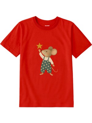 Colermi Pamuk Kumaş Çocuk Tişörtü – Yıldız Uzanan Fare Baskılı T-Shirt