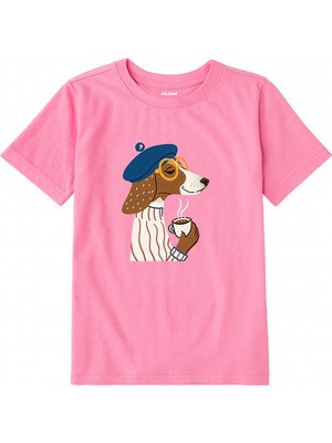 Colermi Pamuk Kumaş Çocuk Tişörtü – Kahve Içen Bereli Köpek Baskılı T-Shirt