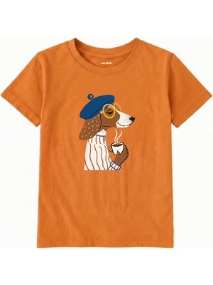 Colermi Pamuk Kumaş Çocuk Tişörtü – Kahve Içen Bereli Köpek Baskılı T-Shirt