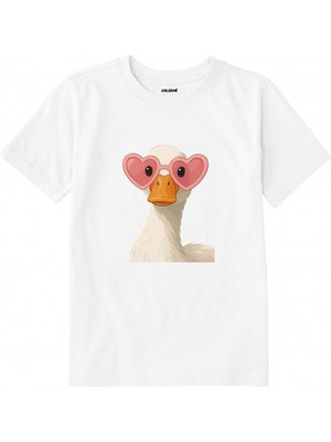 Colermi Pamuk Kumaş Çocuk Tişörtü – Kalpli Gözlüklü Kaz Baskılı Çocuk Tişörtü