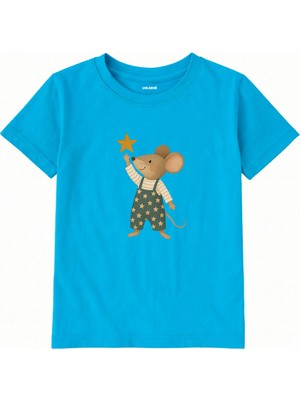Colermi Pamuk Kumaş Çocuk Tişörtü – Yıldız Uzanan Fare Baskılı T-Shirt