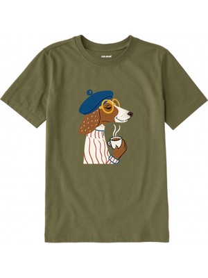 Colermi Pamuk Kumaş Çocuk Tişörtü – Kahve Içen Bereli Köpek Baskılı T-Shirt