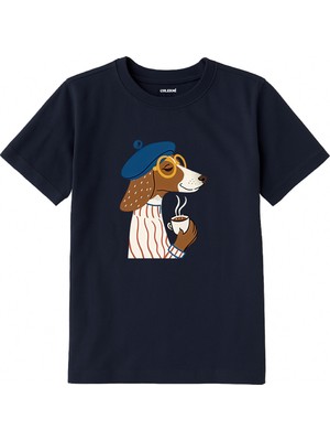 Colermi Pamuk Kumaş Çocuk Tişörtü – Kahve Içen Bereli Köpek Baskılı T-Shirt
