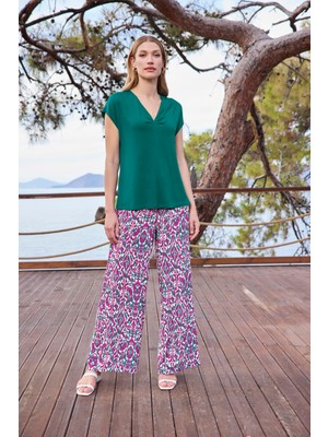 Monamise Kadın Desenli Kısa Kollu V Yaka Alt Üst Takım 25019