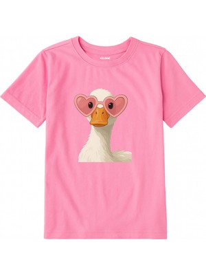 Colermi Pamuk Kumaş Çocuk Tişörtü – Kalpli Gözlüklü Kaz Baskılı Çocuk Tişörtü