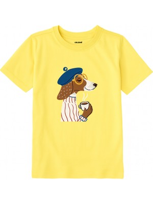 Colermi Pamuk Kumaş Çocuk Tişörtü – Kahve Içen Bereli Köpek Baskılı T-Shirt