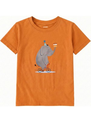 Colermi Pamuk Kumaş Çocuk Tişörtü – Bisikletli Fil ve Pasta Baskılı T-Shirt