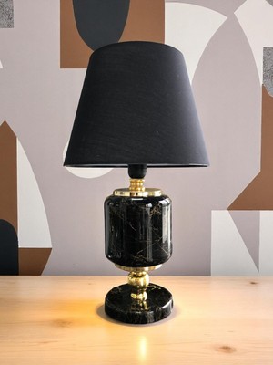 Feyza Design Şık Siyah Mermer Seramik Oval Abajur, Gold Detaylı Aydınlatma