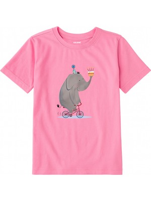 Colermi Pamuk Kumaş Çocuk Tişörtü – Bisikletli Fil ve Pasta Baskılı T-Shirt
