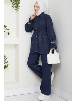 İlkimay.com Taşlı Ceket Pantolon Kot Ikili Takım 1639 - Koyu Mavi