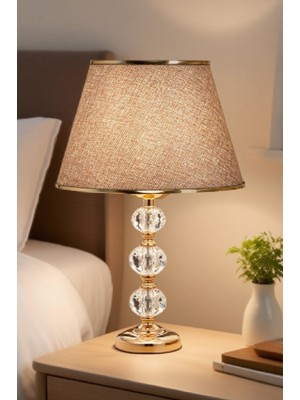 Feyza Design Şık 3 Taşlı 55 cm Cam Gövde Masa Abajuru, Metal Ayaklı Gece Lambası