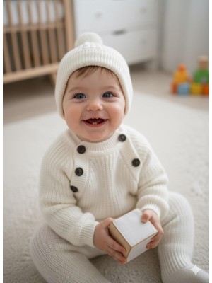 Bes Trend Çocuk Triko Selanık Örme Şapkalı Kışlık Özel Düğmeli Şapkalı 3 Lü Takım