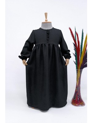 Betül Akbay Kız Çocuk Keten Elbise Zehra Model Uzun Tam Boy Tesettür Elbise Siyah