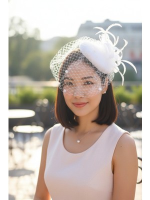 Beyaz Tüylü Vualet Fascinator Şapka - File Tül Detaylı Abiye Gelin Saç Tokası