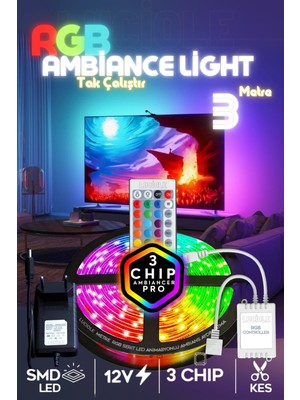 Feyza Design Rgb LED Şerit 3 Metre, Kumandalı, Tak Çalıştır, Çok Renkli Işıklandırma