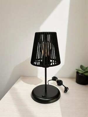 Feyza Design Şık Makrome Abajur, Mini Masa Lambası, Siyah Tasarım