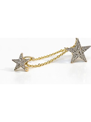 Toz Vintage Brunora Gold Zincir Detaylı Çift Yıldız Taşlı Vintage Retro  Küpe