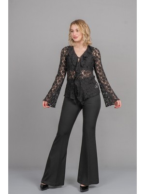 MissVina Volan Yaka Önden Düğmeli Premium Tül Bluz Hırka 70048