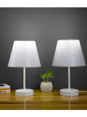 Feyza Design Beyaz Dantelli Modern Ikili Yatak Odası Abajur, Ayaklı Masa Lambası