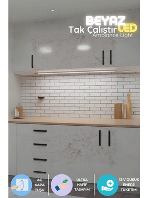 Feyza Design Beyaz LED Mutfak Tezgah Altı Işık, Aç/kapa, Bar Yapışkanlı, 1 Metre