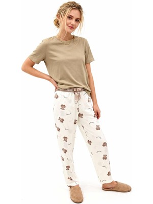 Rays Krem Ayıcık Desenli Lastik Bel Kadın Pijama Altı 4534