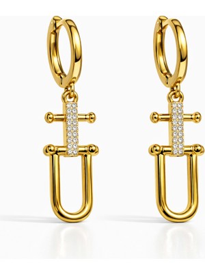 Toz Vintage Bavelle Gold Taşlı Zincir Detaylı Sallantılı Halka Vintage Retro Küpe