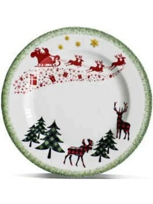 Kosova 6 Kişilik Porselen 24,5cm Yılbaşı Dekorlu Servis Sunum Tabağı
