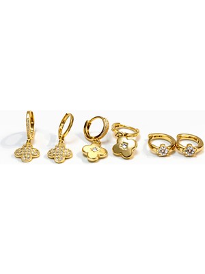 Toz Vintage Aviora Taşlı Çiçek Detaylı Mini Gold 3 Adet Vintage Retro Küpe