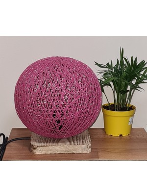 Feyza Design Fuşya Jüt El Yapımı Ip Örme Küre Abajur, Ahşap Altlık, E14 Duy
