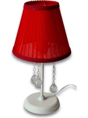 Feyza Design Kırmızı Başlıklı Beyaz Metal Ayaklı Taşlı Yatak Odası Abajuru