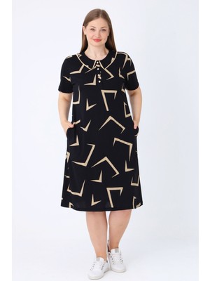 Intensive Collection Kadın Büyük Beden Desenli Pamuklu Dantel Detaylı Düğmeli Cepli Elbise