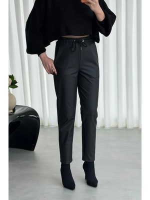 Floral Fashion Kadın Suni Deri Jogger Pantolon Likralı Esnek Kumaş Içi Yumuşak Pamuk Şardonlu