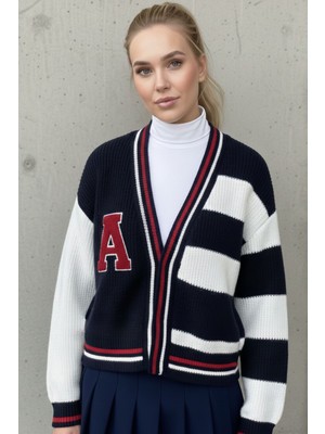 Lupinn Kadın Lacivert Beyaz Çizgili College - Kolej  Varsity Hırka – Şık Triko Ceket - Kadın Hırka