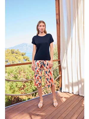 Monamise Kadın Desenli Kısa Kollu Bisiklet Yaka Kapri Takımı 25101