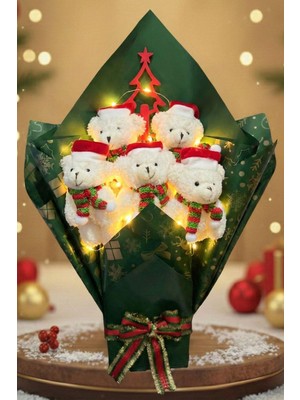 Sole Premium Özel Yeni Yıl Serisi – Yeşil Konseptli LED Işıklı 5’li Noel Ayıcık Buketi