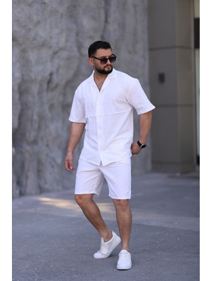 Blayn Jeans Çağla Yeşili Renk Gömlek Şort Erkek Keten Takım Oversize Kalıp