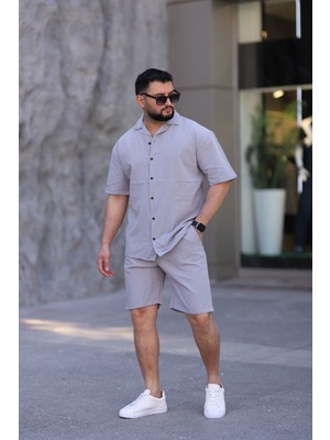 Blayn Jeans Çağla Yeşili Renk Gömlek Şort Erkek Keten Takım Oversize Kalıp