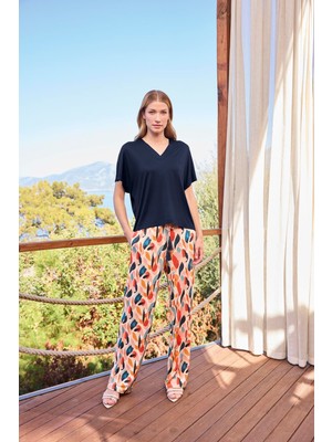 Monamise Kadın Desenli Kısa Kollu V Yaka Pijama Takımı 25099