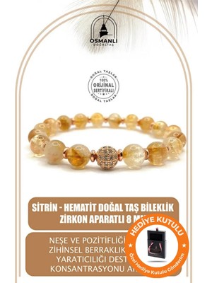 UltraMint El Yapımı Sitrin Hematit Doğal Taş Bileklik, Kutulu, Yılbaşı Hediyesi