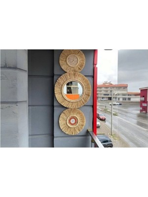 3 Lü Duvar Süsü Aynalı Boncuklu Rafya
