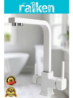 Ralken Arıtma, Sıcak, Soğuk Çıkış 3 Yollu Beyaz Lüx Kare Arıtmalı Eviye Mutfak Bataryası Köşe Borulu