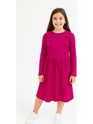 New Kids Fırfırlı Uzun Kollu Pamuk Mevsimlik Fuşya Renk Kız Çocuk Elbise