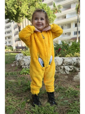 Burcumay Kız Erkek Unisex Kışlık Peluş Polar Sarı Kapüşonlu Çocuk Bebek Tulum Civcivli Pijama Takımı