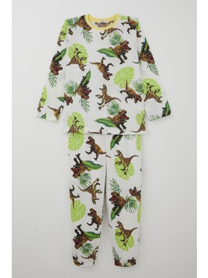 Breeze Erkek Çocuk Pijama Takımı Kükreyen Orman Dinozoru 4-8 Yaş, Beyaz