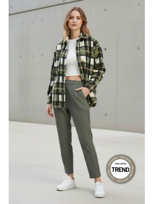 Lupinn Kadın Haki Ekose Oversize Peluş Gömlek Ceket – Yumuşak Dokulu, Kadın Polar Ceket